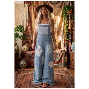 POL Denim-Blue Patchwork Wide-Leg Overalls
